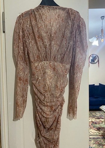 Pembe V Yaka Drapeli Midi Elbise - Görsel 3