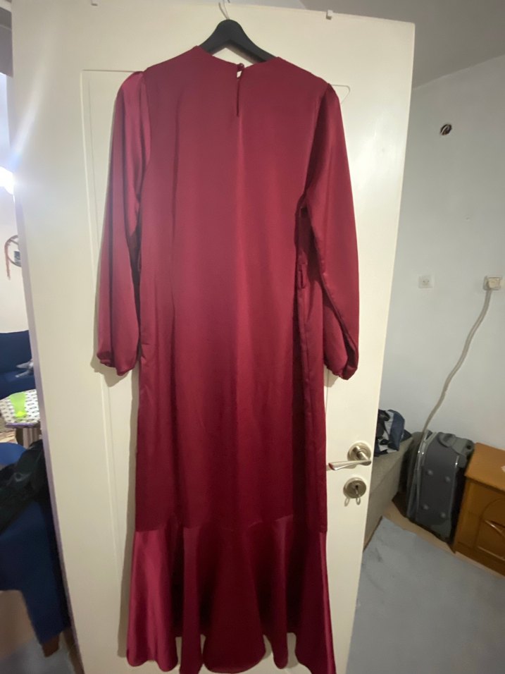 Bordo Uzun Kollu Drapeli Kadın Elbise - Görsel 2