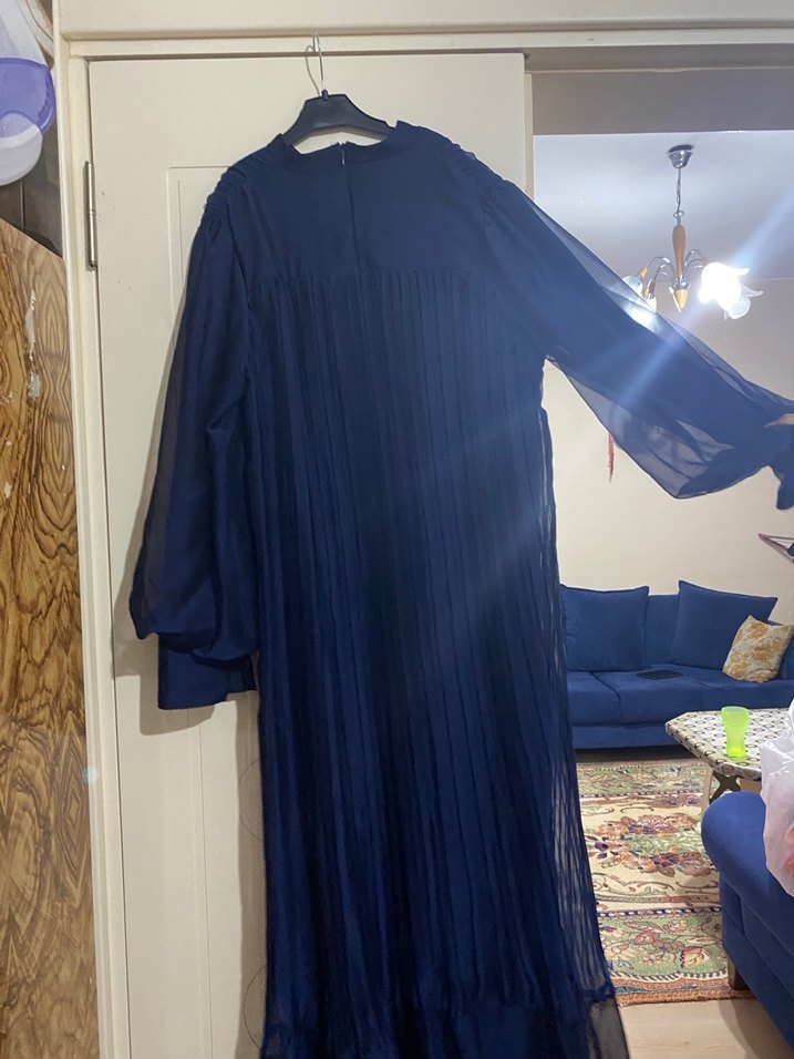 Lacivert Piliseli Uzun Keten Elbise - Görsel 2