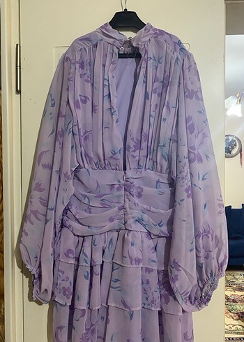 Mor Tül Detaylı Uzun Kollu Mini Elbise - Görsel 3