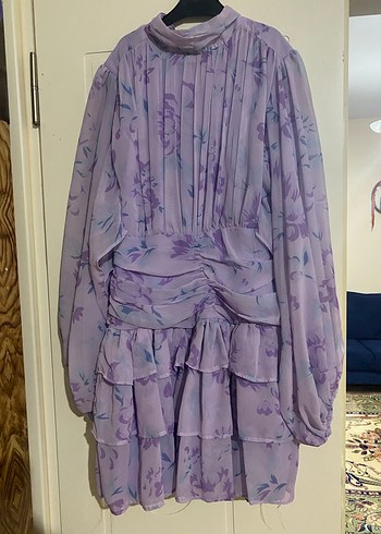 Mor Tül Detaylı Uzun Kollu Mini Elbise - Görsel 2