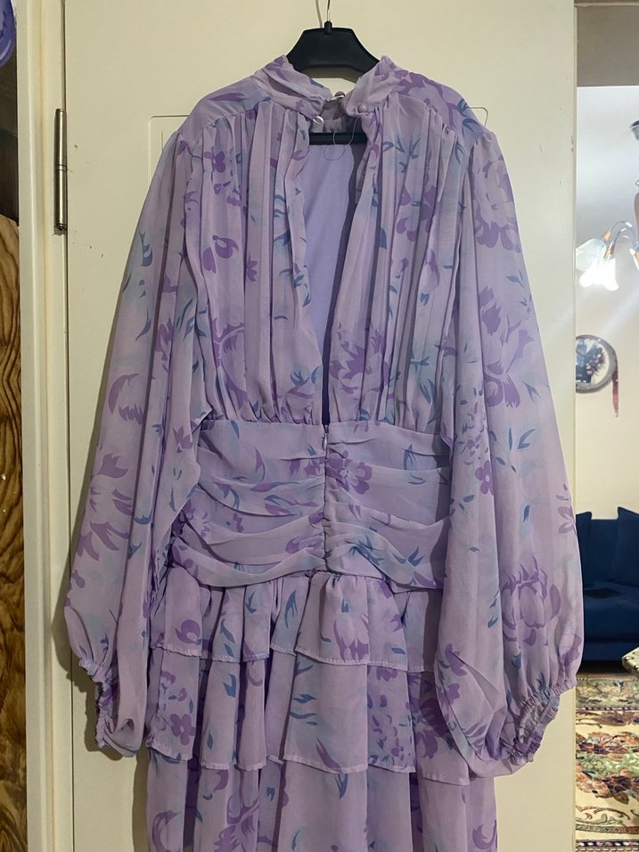 Mor Tül Detaylı Uzun Kollu Mini Elbise - Görsel 3