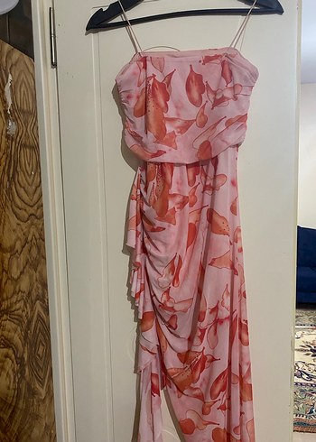 Pembe Drapeli Uzun Straplez Kadın Elbise - Görsel 2