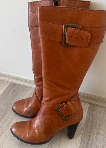 Kahverengi Deri Tokalı Kadın Dizüstü Çizme