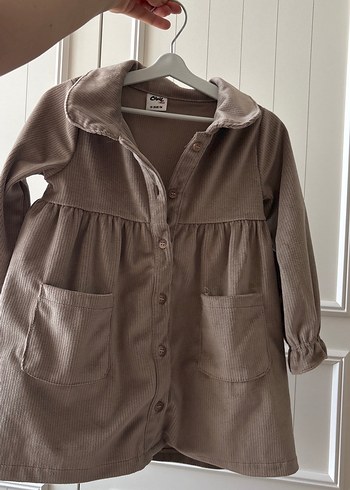 Bej Keten Düğmeli Uzun Kollu Kız Elbisesi - Görsel 2