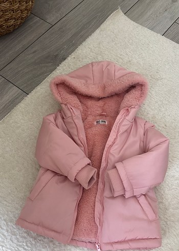 Kürklü Kapüşonlu Pembe Kız Çocuk Mont - Görsel 2