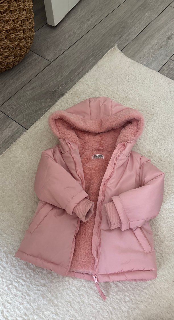 Kürklü Kapüşonlu Pembe Kız Çocuk Mont - Görsel 2