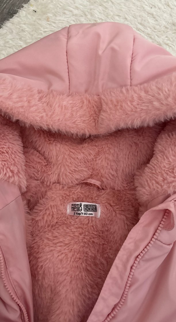 Kürklü Kapüşonlu Pembe Kız Çocuk Mont - Görsel 3