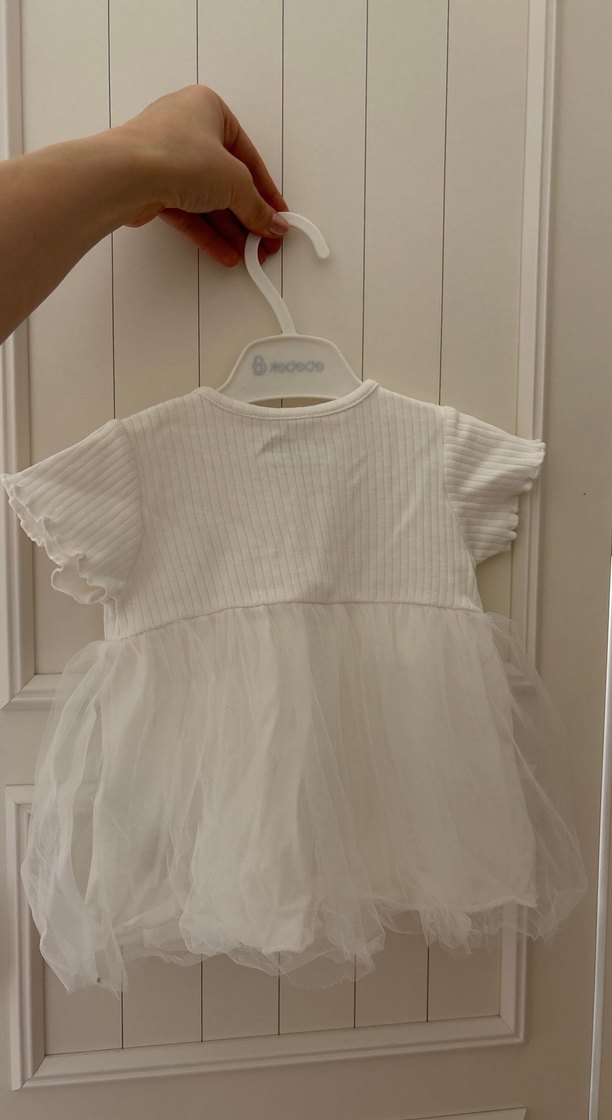 Beyaz Kız Çocuk Kısa Kollu Pamuklu Elbise - Görsel 3