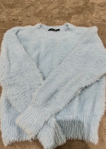 Kadın buz mavi Uzun Kollu Tüylü Kazak - Görsel 3