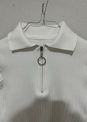 Beyaz, Yakalı, Fermuarlı Kadın Triko - Görsel 2