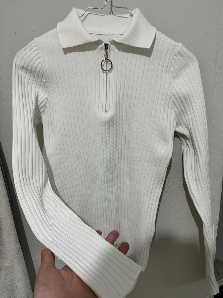 Beyaz, Yakalı, Fermuarlı Kadın Triko - Görsel 3