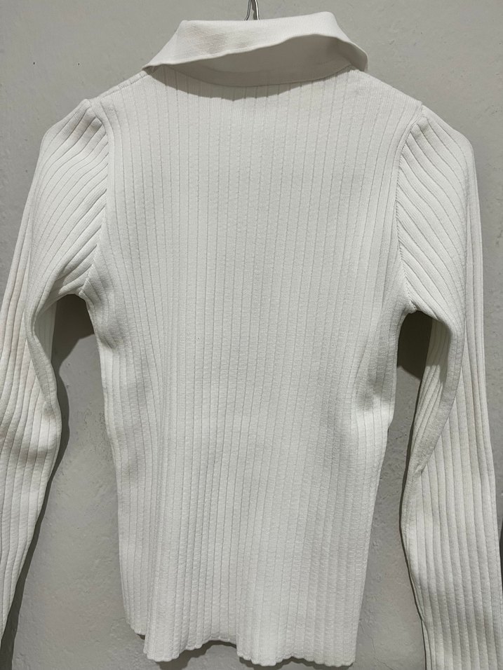 Beyaz, Yakalı, Fermuarlı Kadın Triko - Görsel 4