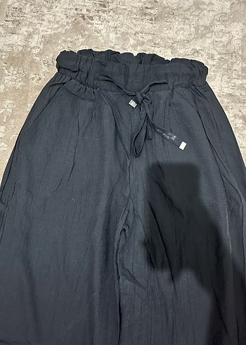 Kadın Siyah Keten Bol Kesim Kemerli Pantolon - Görsel 2