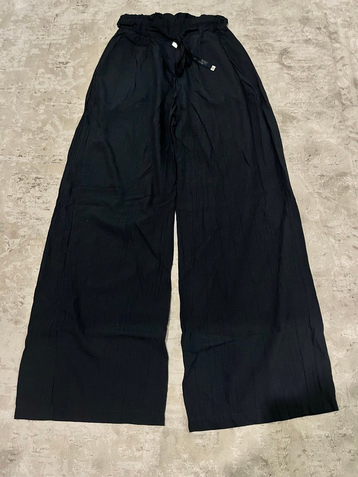 Kadın Siyah Keten Bol Kesim Kemerli Pantolon - Görsel 3