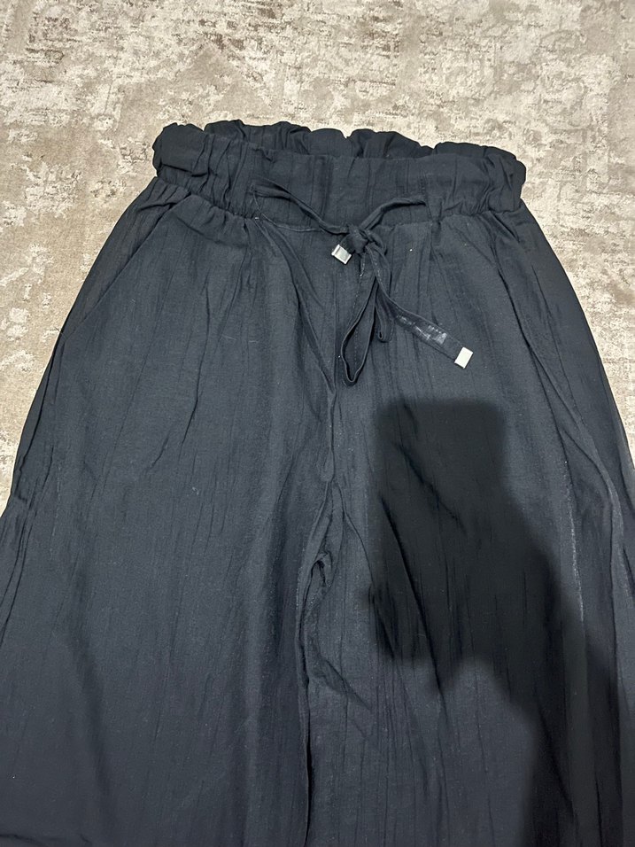 Kadın Siyah Keten Bol Kesim Kemerli Pantolon - Görsel 2