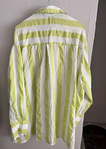Çizgili Yeşil Keten Kadın Gömlek - Görsel 3