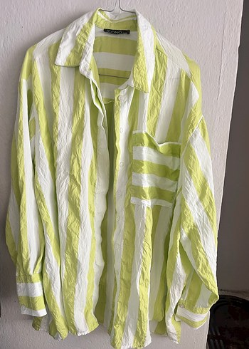 Çizgili Yeşil Keten Kadın Gömlek - Görsel 2