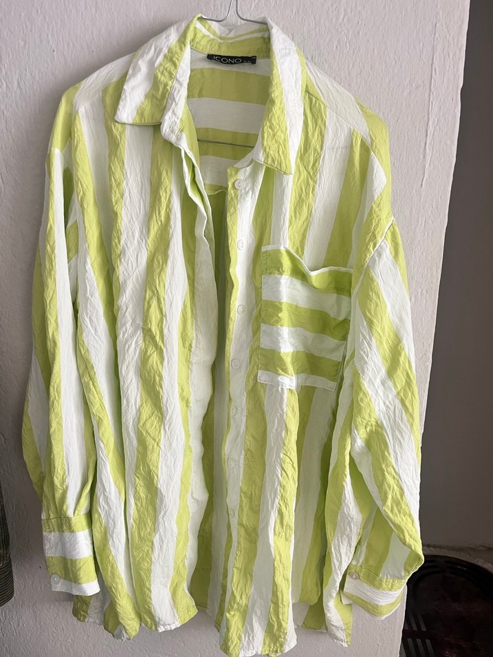 Çizgili Yeşil Keten Kadın Gömlek - Görsel 2