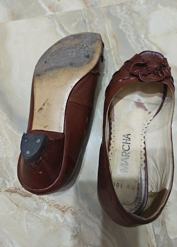 Kahverengi Deri Dolgu Topuklu Kadın Babet - Görsel 5