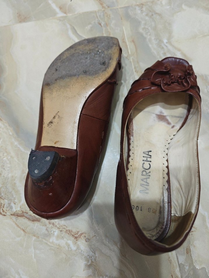 Kahverengi Deri Dolgu Topuklu Kadın Babet - Görsel 5