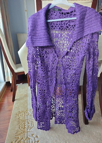 Mor Uzun Kollu Örgü Hamile Hırka - Görsel 3