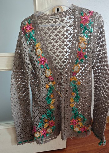 Nakışlı Bohem Gri Uzun Hırka - Görsel 6