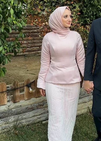38 Beden Pembe Dantel Detaylı Uzun Abiye Elbise