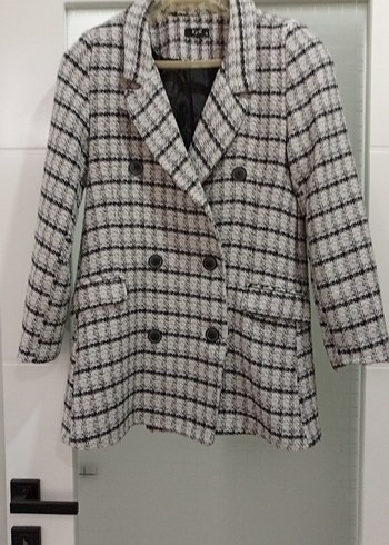 Düğmeli Gri Kareli Kadın Blazer Ceket - Görsel 5