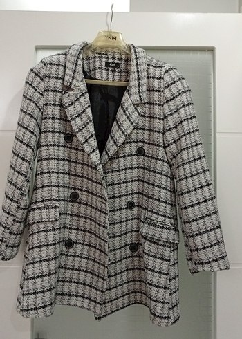 Düğmeli Gri Kareli Kadın Blazer Ceket - Görsel 2