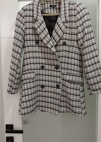 Düğmeli Gri Kareli Kadın Blazer Ceket - Görsel 4