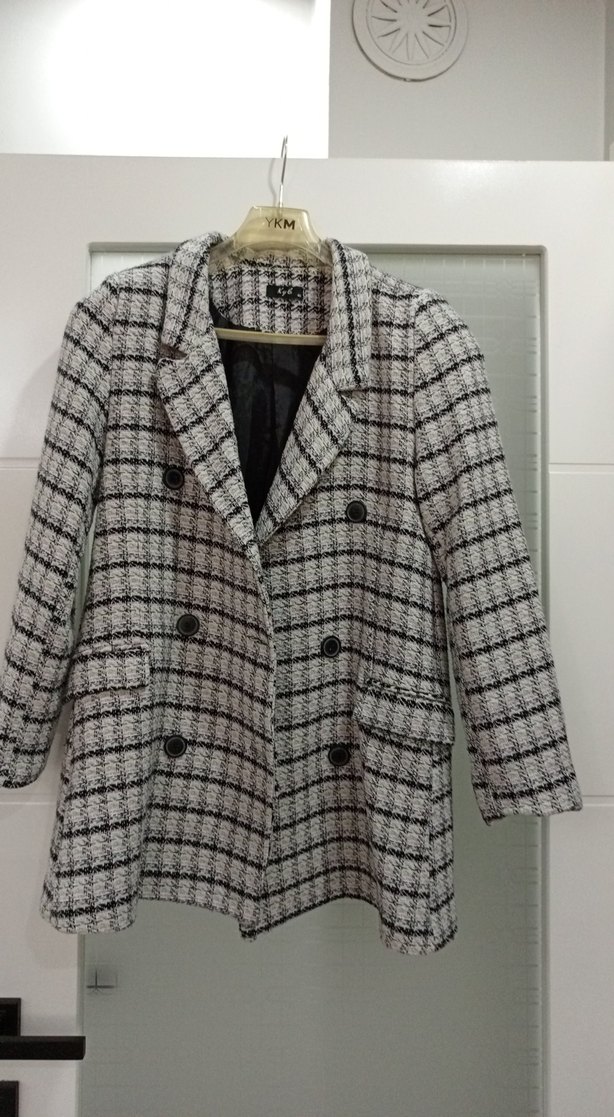 Düğmeli Gri Kareli Kadın Blazer Ceket - Görsel 2