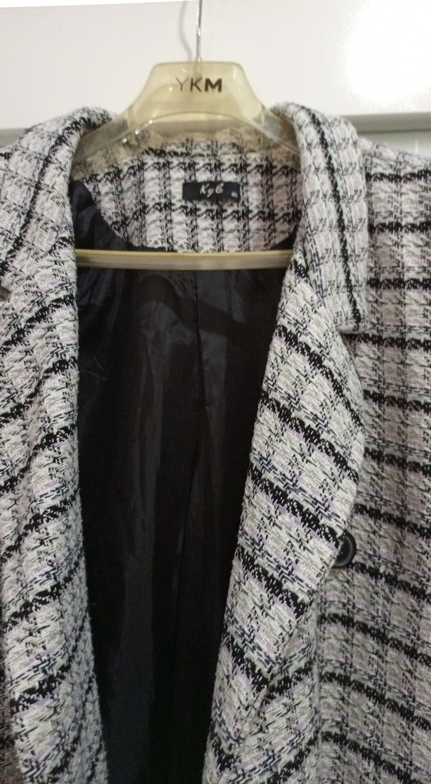 Düğmeli Gri Kareli Kadın Blazer Ceket - Görsel 3