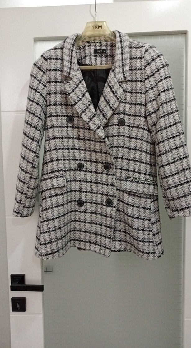 Düğmeli Gri Kareli Kadın Blazer Ceket - Görsel 4