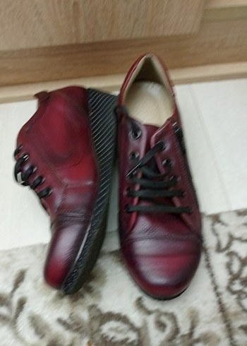 Bordo Deri Kadın Günlük Dolgu Topuk Ayakkabı - Görsel 3