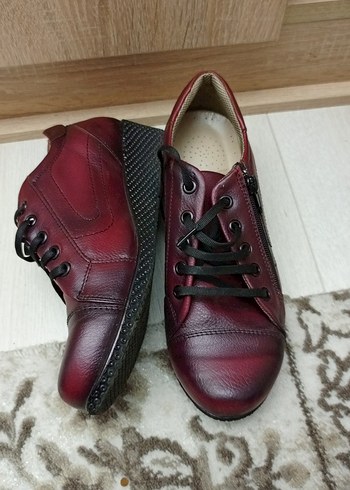 Bordo Deri Kadın Günlük Dolgu Topuk Ayakkabı - Görsel 4