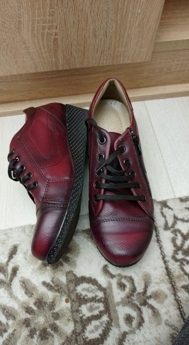 Bordo Deri Kadın Günlük Dolgu Topuk Ayakkabı - Görsel 4