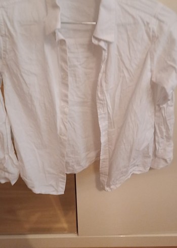 Beyaz Keten Düğmeli Uzun Kollu Gömlek - Görsel 6