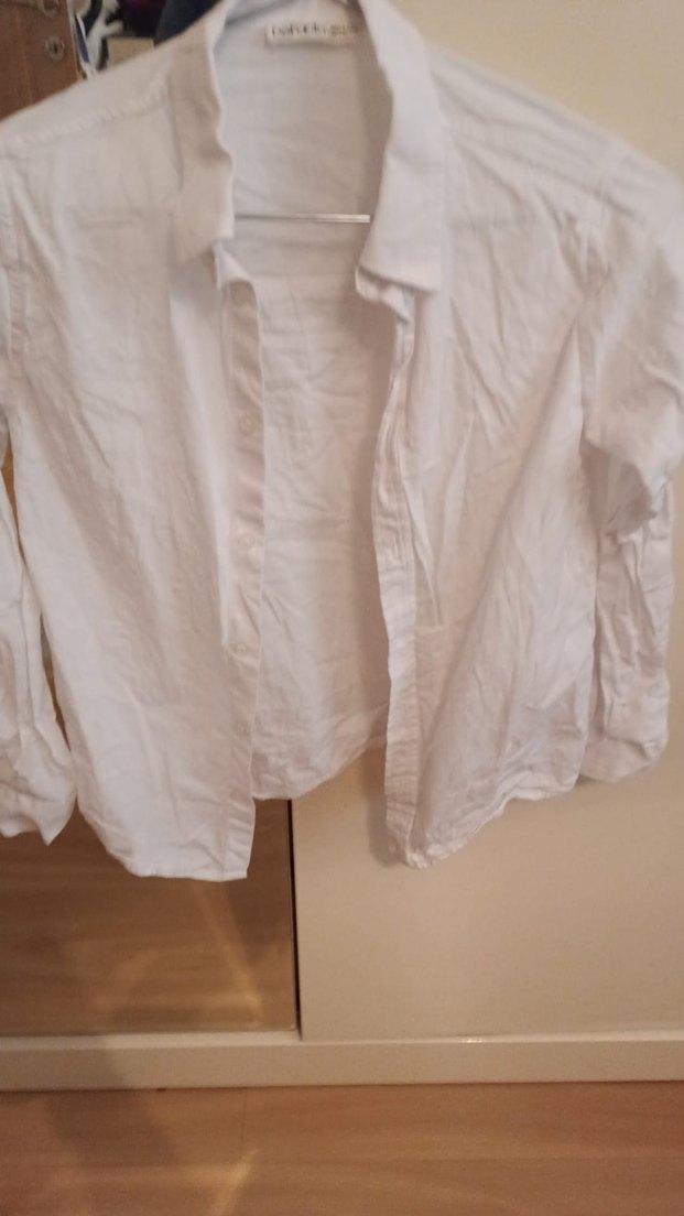 Beyaz Keten Düğmeli Uzun Kollu Gömlek - Görsel 5