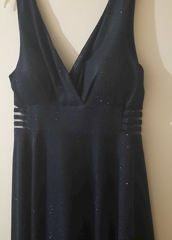 Parlak simli Lacivert Drapeli Uzun Gece Elbisesi - Görsel 5