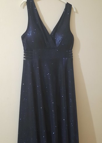 Parlak simli Lacivert Drapeli Uzun Gece Elbisesi - Görsel 9