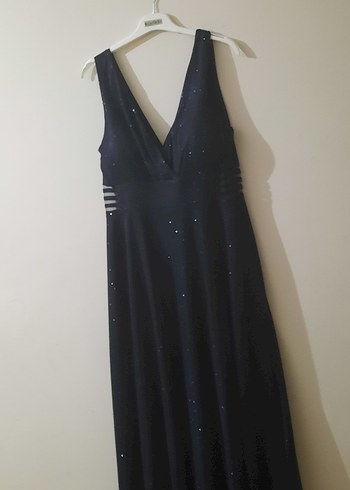 Parlak simli Lacivert Drapeli Uzun Gece Elbisesi - Görsel 11