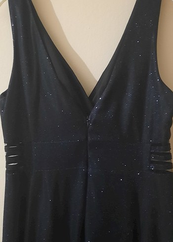 Parlak simli Lacivert Drapeli Uzun Gece Elbisesi - Görsel 7