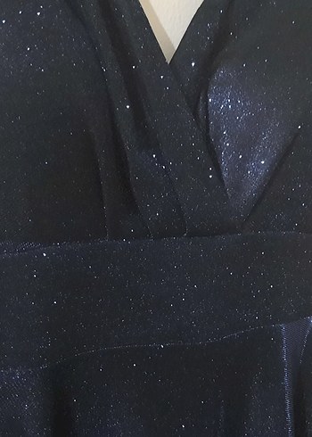 Parlak simli Lacivert Drapeli Uzun Gece Elbisesi - Görsel 6