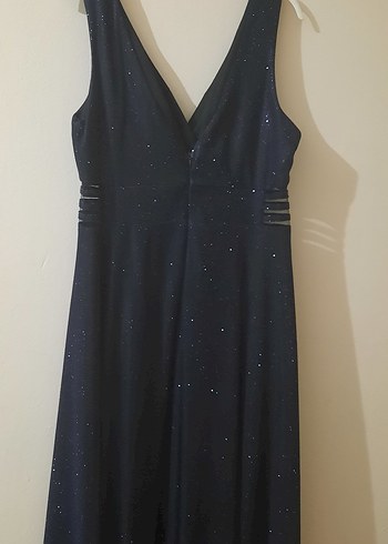 Parlak simli Lacivert Drapeli Uzun Gece Elbisesi - Görsel 8