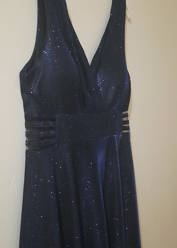 Parlak simli Lacivert Drapeli Uzun Gece Elbisesi - Görsel 10