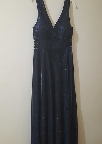 Parlak simli Lacivert Drapeli Uzun Gece Elbisesi - Görsel 12