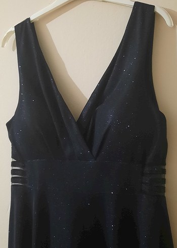 Parlak simli Lacivert Drapeli Uzun Gece Elbisesi - Görsel 4