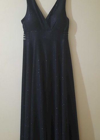 Parlak simli Lacivert Drapeli Uzun Gece Elbisesi - Görsel 3