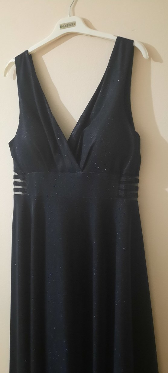 Parlak simli Lacivert Drapeli Uzun Gece Elbisesi - Görsel 5